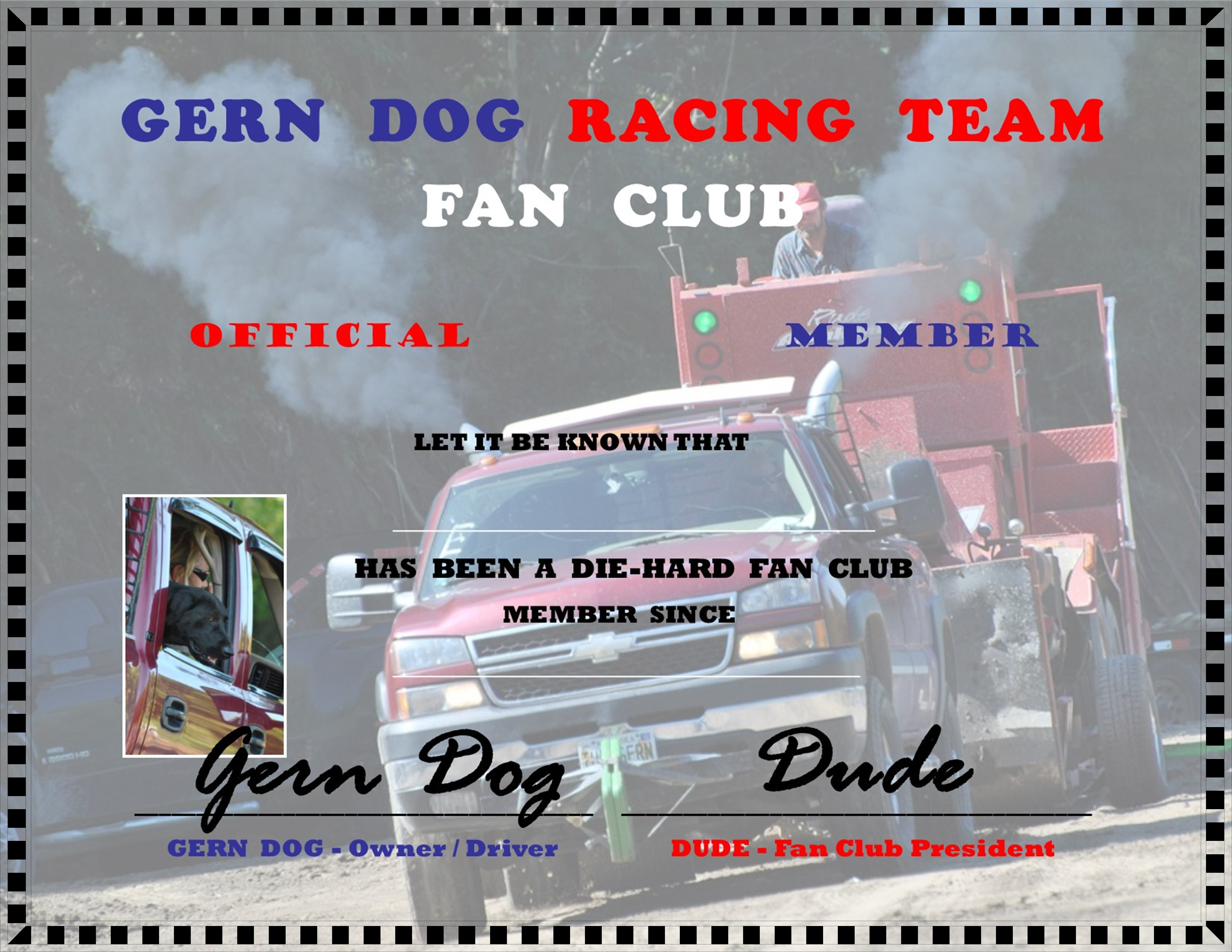 Gern Dog Racing Team Fan Club certificate