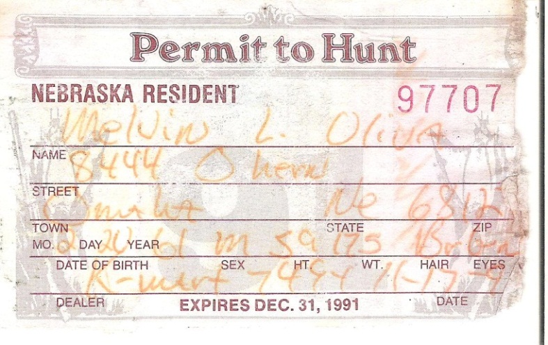 Front side of the 1991 Nebraska Hunting Permit.