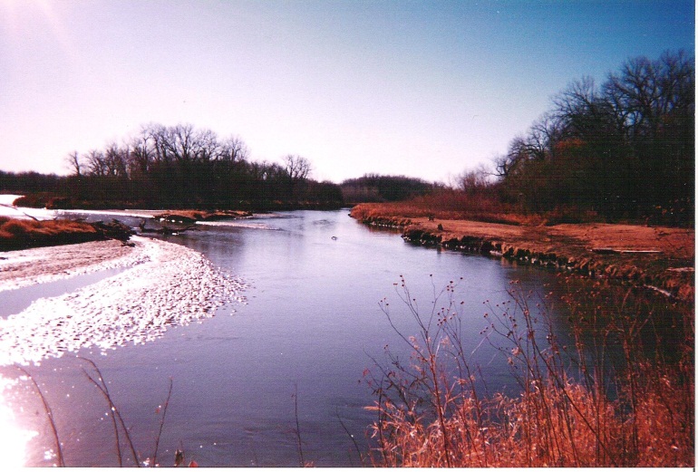 View of side channel of Platte River that runs along the Riverside Acres cabin.