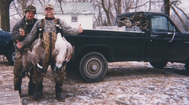 L. to R.: Mel Oliva and John Ellis “E” exhibiting 2 Canadian geese that were harvested at the KMS hunting site.
