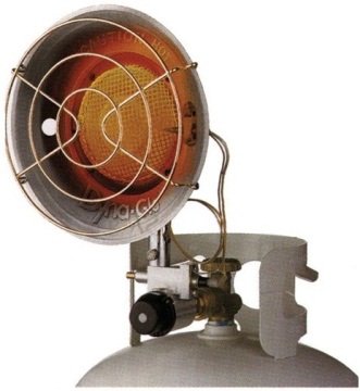A natural gas heater attachment for a small propane tank; the size of tank typically for a gas grill.